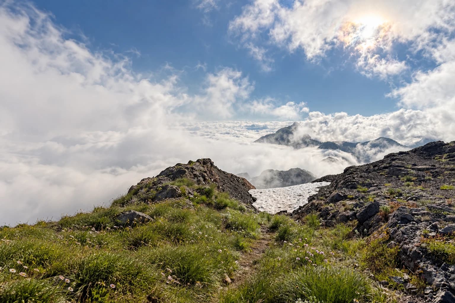 An expanded panorama from my alpine photograph: a rocky trail and wildflowers above a sea of clouds.